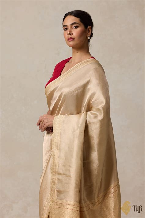 Beige-Gold Pure Soft Satin Silk Banarasi Tanchoi Handloom Saree - Tilfi