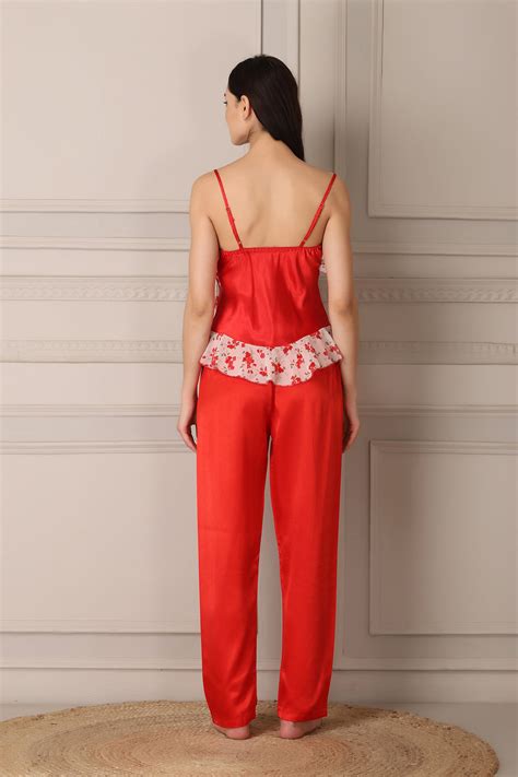 Red Satin Night suit with Printed Robe - Private Lives