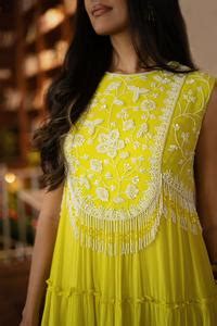 Buy Yellow Crepe, Chiffon, Georgette Beads, Sequins Embroidered Yoke ...