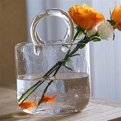 MSUIINT Purse Vase for Flowers, Handmade Glass Bag Vase -10 in Clear ...