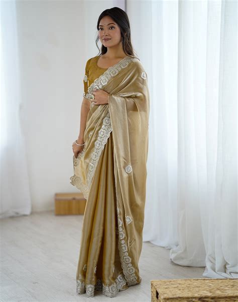Dark Beige Tissue Silk Embroidery Saree – Sudathi