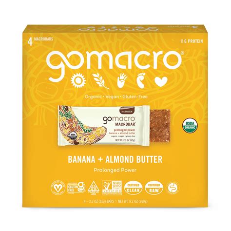 GoMacro MacroBar, Banana + Almond Butter, Organic Vegan Protein Bars, 4 ...