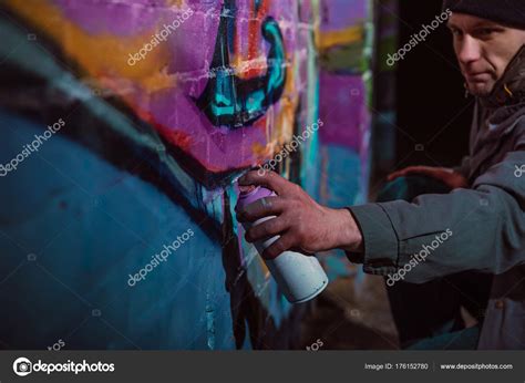 Man Painting Graffiti Aerosol Paint Wall Night — Stock Photo ...