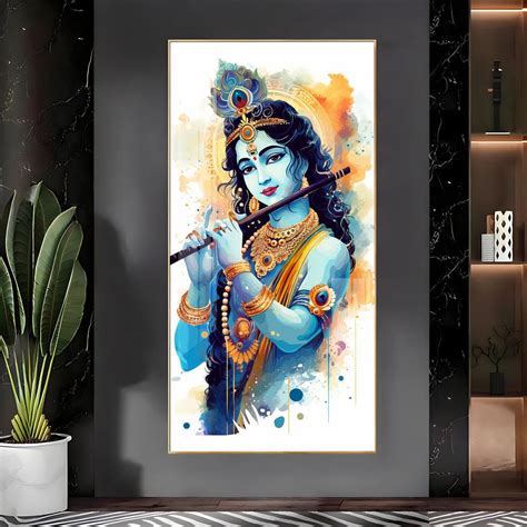 Luxurious Shree Krishna with Flute Vertical Wall Art in Premium Acryli ...
