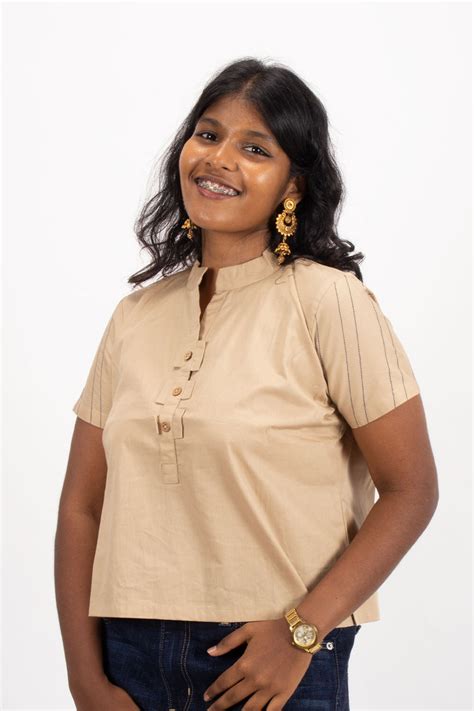 Beige Chinese Collar Cotton Crop Top 10068102 | Avishya.com