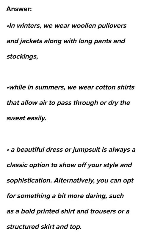 CLASS - 1Name three clothes for each your prefer to wear in a. Summers ...