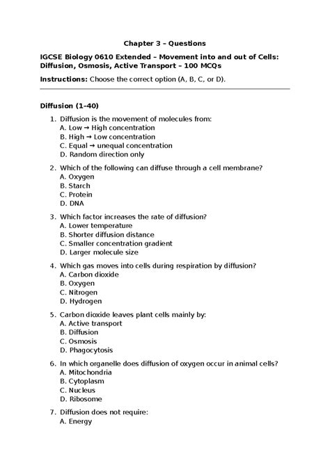 Chapter 3 Test Questions IGCSE Biology 0610: Movement in Cells - Studocu