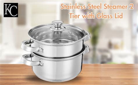 KC Stainless Steel Steamer 2 Tier with Glass Lid Diamm. 20 cm, Capacity ...