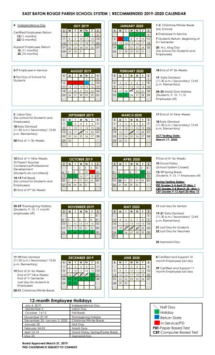 2019-2020 EBR SCHOOL CALENDAR RELEASED! - CEDARCREST-SOUTHMOOR ...