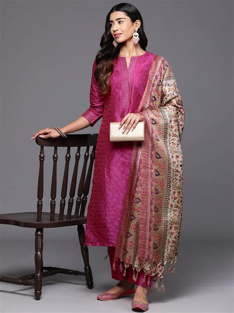 Varanga Women Pink Woven Zari Embroidered Straight Kurta With Bottom ...
