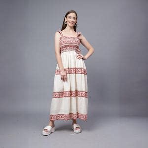 Daisyella Fit And Flare- Off White And Maroon Cotton Dobby Dress ...