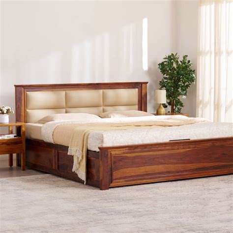 Buy Warren Sheesham Wood Queen Bed with Hydraulic Storage - Brown from ...