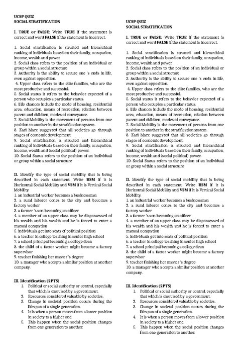 UCSP QUIZ Social Stratification - UCSP QUIZ SOCIAL STRATIFICATION I ...