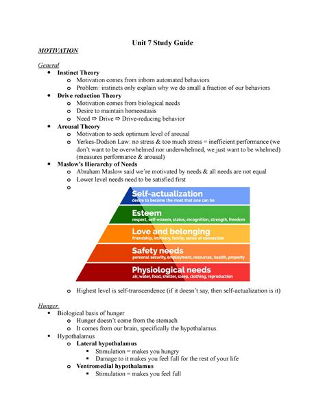 Unit 7 - AP Psych notes - Unit 7 Study Guide MOTIVATION General Instinct Theory o Motivation ...