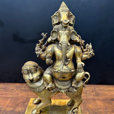 Brass Panchmukhi Ganesha Idol Seated On Lion Heramba Statue 22.5 Inch ...
