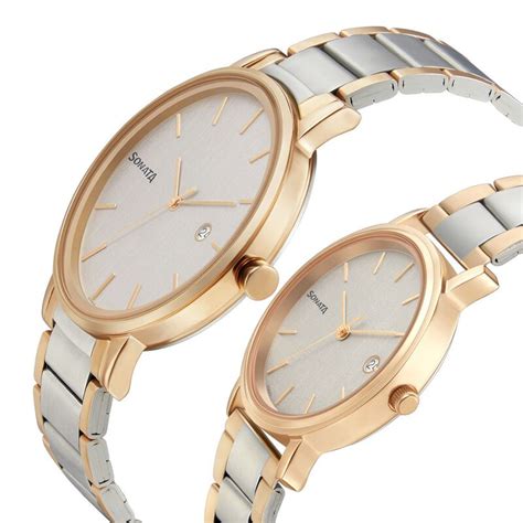 Sonata Quartz Analog with Date White Dial Metal Strap Watch for Couple