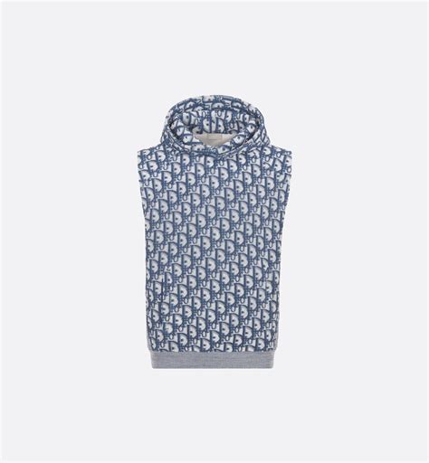 Dior Oblique Sleeveless Hooded Sweatshirt Blue and White Terry Cotton ...