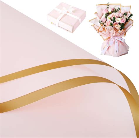Pink Flower Wrapping Paper Bouquet with Gold Border Design, Korean ...