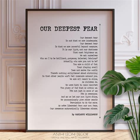 Our Deepest Fear Poem by Marianne Williamson Poster Print | Simple ...