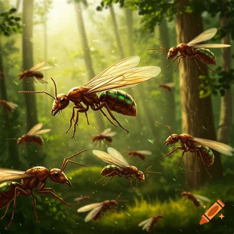 Photorealistic image of many flying ants with translucent wings and ...