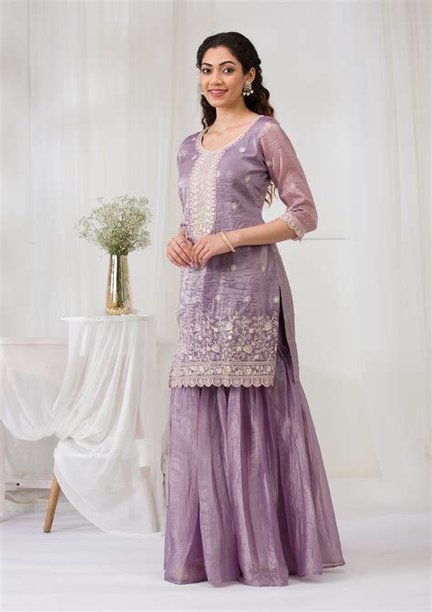 Buy Lavender Threadwork Semi Crepe Readymade Salwar Suit - Koskii