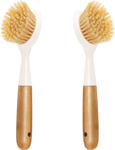 2 Pack Kitchen Dish Brush Bamboo Handle Dish Scrubber Built-in Scraper ...