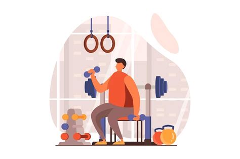 Fitness web concept in flat design man does exercises with dumbbells in ...