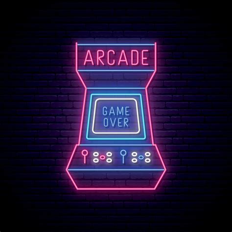 Neon arcade game machine sign . Glowing entertainment emblem, bright ...