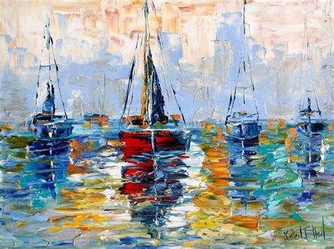 Original oil painting - Harbor Boats - impressionistic palette knife fine art by Karen Tarlton ...