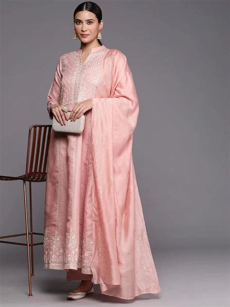 Buy Libas Art Peach Embroidered Silk Blend A-Line Kurta With Trousers ...