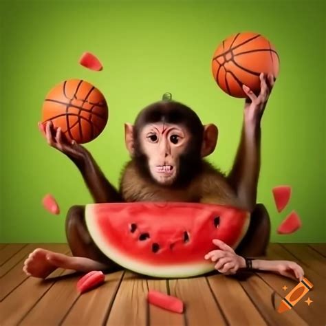 Monkey eating watermelon with Kool-Aid and basketball, featuring ...