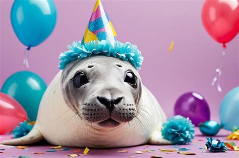 Seal wearing a party hat and confetti | Premium AI-generated image