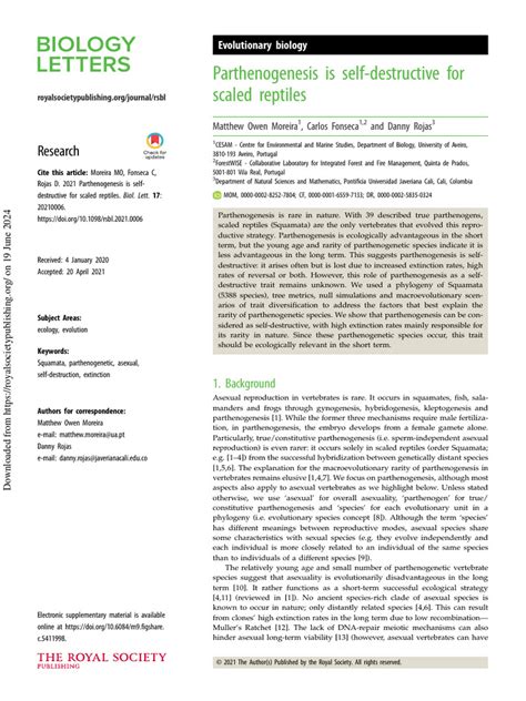 Moreira Et Al (2021) Parthenogenesis Is Self-Destructive For Scaled Reptiles | PDF | Squamata ...