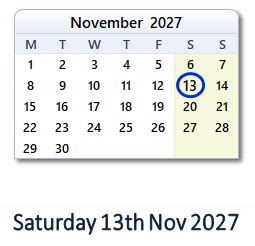 13 Nov, 2027: Holidays, Day & Date Info with Countdown - India