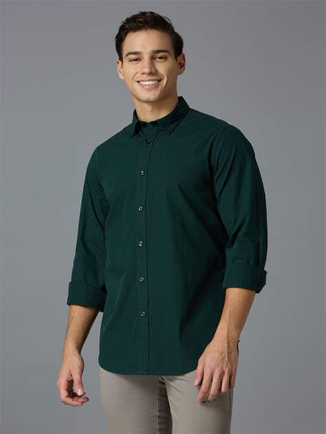 Men's Pure Cotton Plain Slim Fit Full Sleeve Casual Shirt - Dark Green