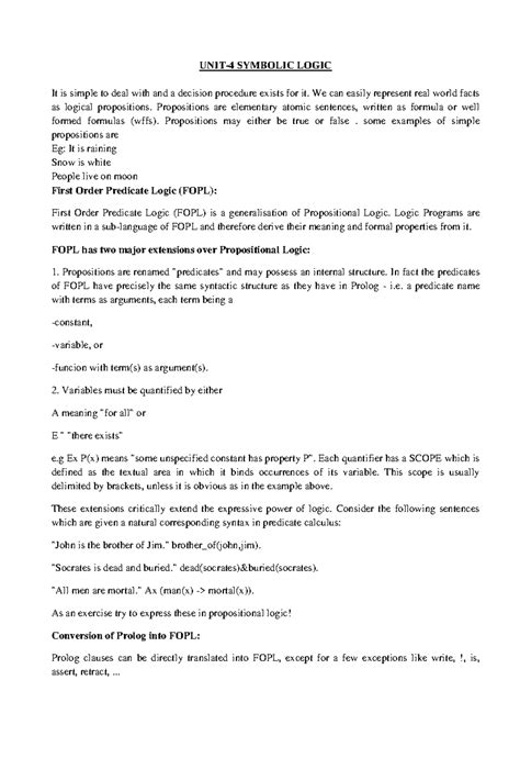 Artificial intelligence UNIT-4 - UNIT-4 SYMBOLIC LOGIC It is simple to ...