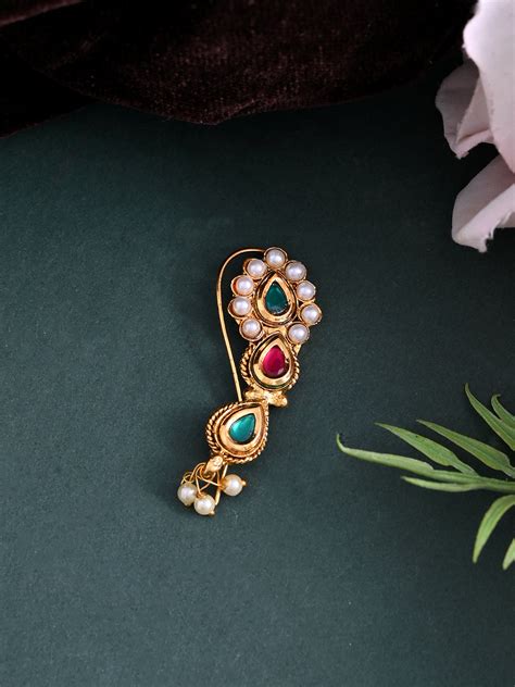 Gold-Plated Nosepin with Pearls and Multicolored Gemstone nosepin For ...