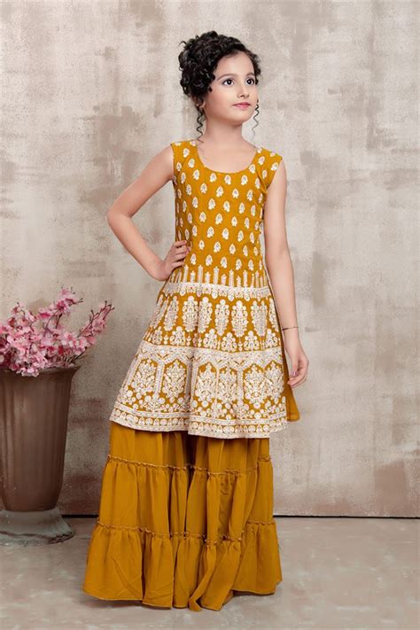 Mustard Embroidered Readymade Kids Sharara Suit – Sarees Bazaar