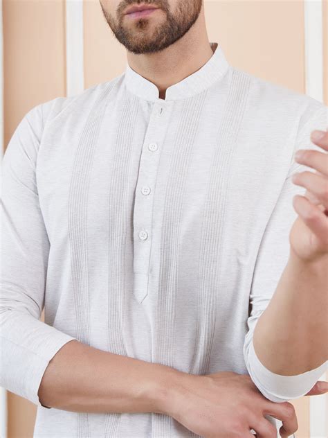Men Off White Pintex Worked Cotton Silk Straight Kurta With Pyjama ...