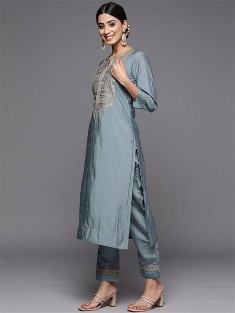 Amrita Grey Viscose Chanderi Kurti With Bottom Dupatta Collection