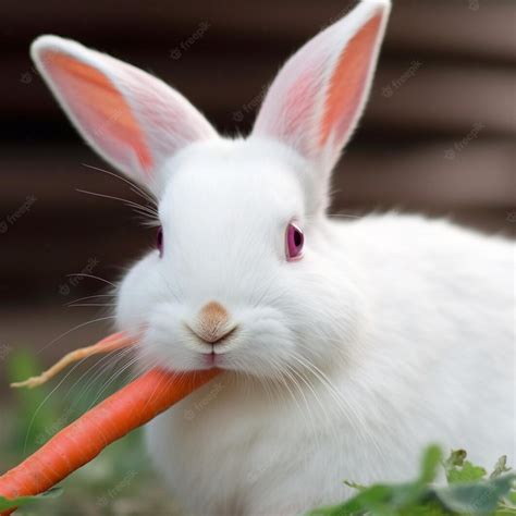 Premium Photo | A white rabbit with pink eyes is eating a carrot.