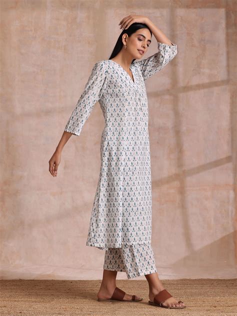 White With Teal Buta Block Print Cotton Front Neck Gathered Kurta Pant ...