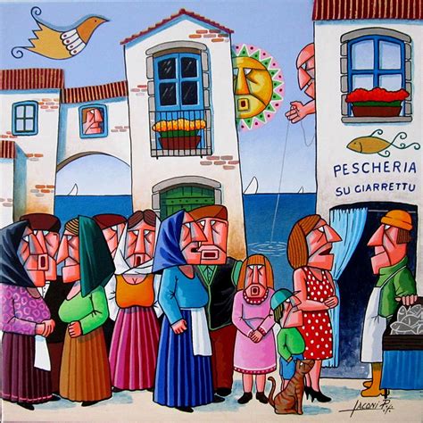 Solve Paola Laconi Artwork - 'In the Fish Queue' jigsaw puzzle online with 196 pieces
