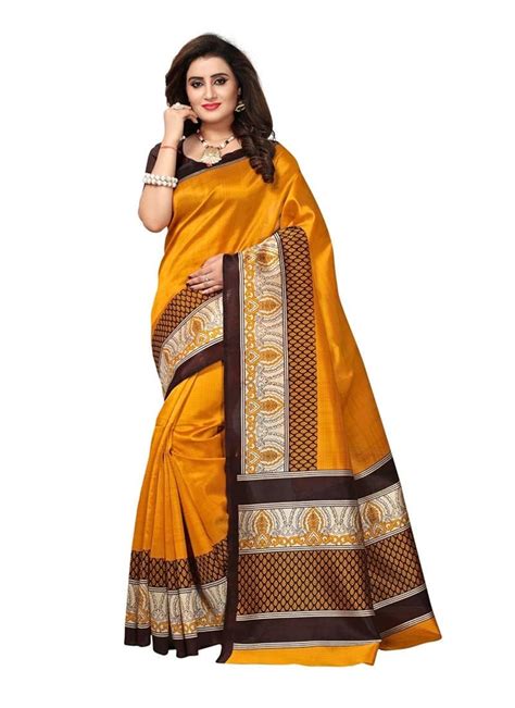 Buy GifCot Yellow, Brown Color Poly Silk Saree at Amazon.in