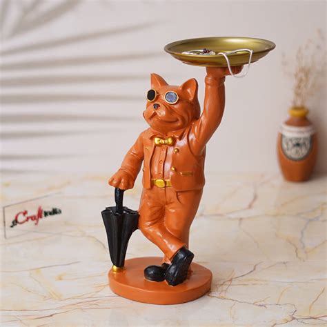 Orange Bulldog Statue in Glasses Holding Black Umbrella and Tray in Ha ...