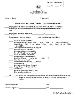 Workers Compensation Duty Status Form - Blank Fillable Template | Fill ...
