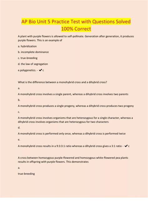 AP Bio Unit 5 Practice Test with Questions Solved 100% Correct - AP ...