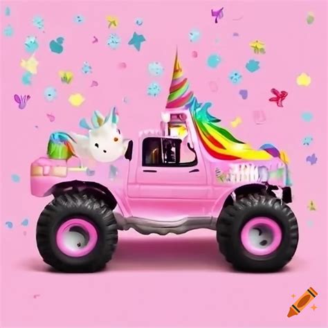 Adorable unicorn driving a pink monster truck with birthday decorations