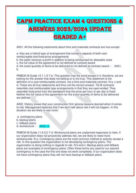 CAPM PRACTICE EXAM 4 Questions & Answers 2023/2024 UPDATE GRADED A+ ...