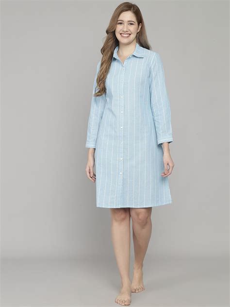 Light Blue And White Stripe Knee Length Cotton Sleep Shirt